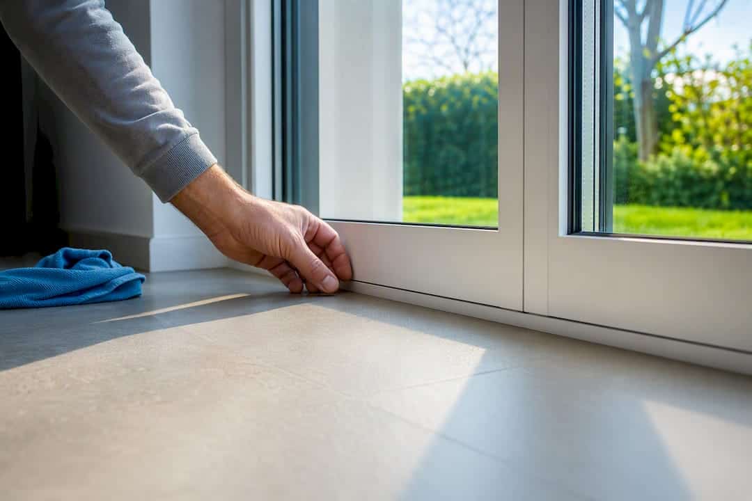 Hand controleert of kunststof schuifpui goed sluit