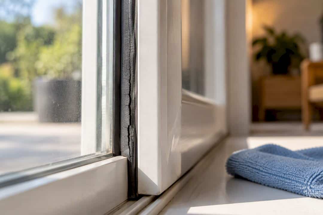 Versleten rubberen kierafdichting bij kunststof schuifpui