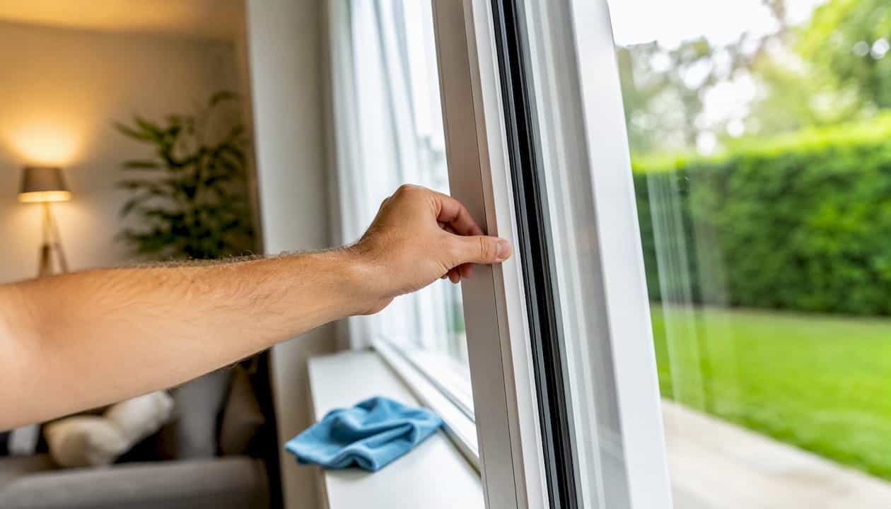 Hand controleert de afdichting van een kunststof schuifpui
