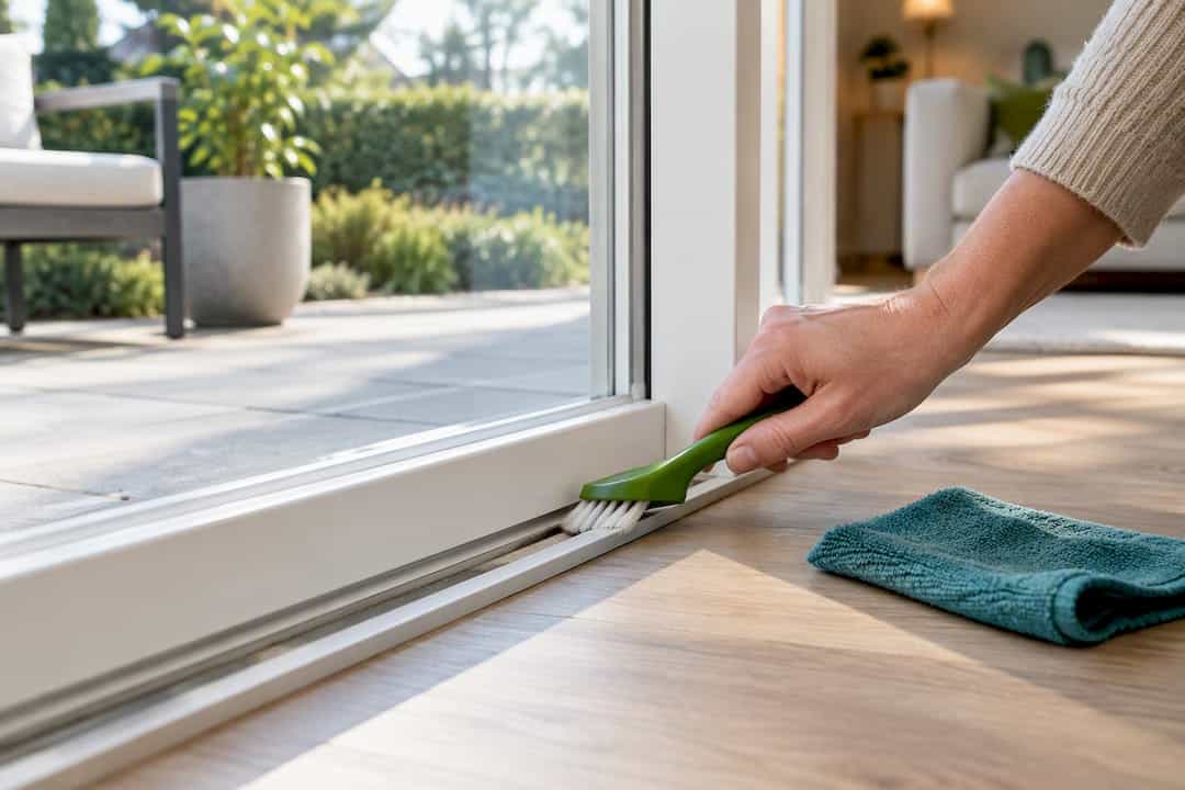 Hand maakt kunststof rails van schuifpui schoon