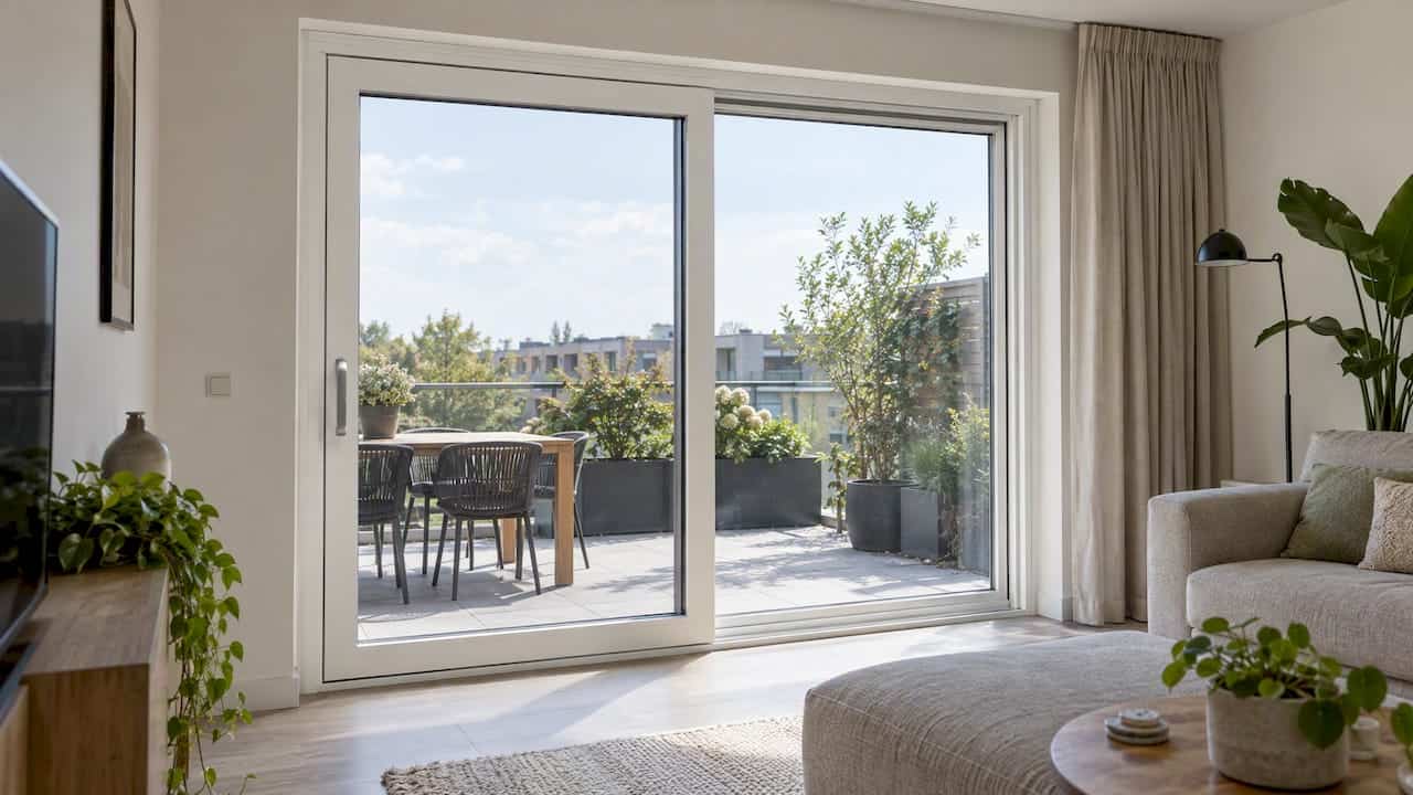 Witte kunststof schuifpui in een lichte woning