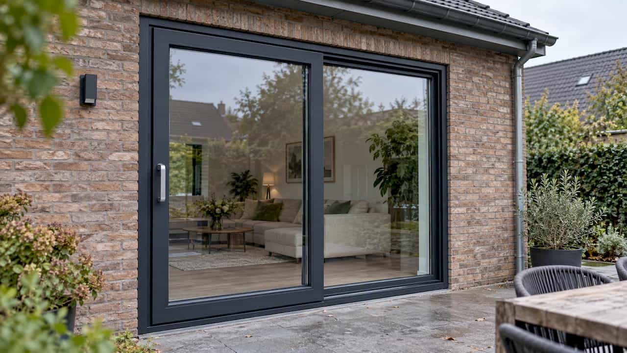 Kunststof schuifpui tussen de gevel en het interieur